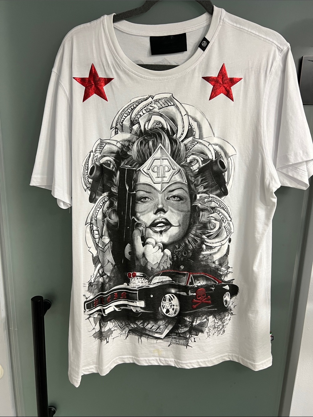 Philipp Plein White Tee with Black Leather Logo Patch